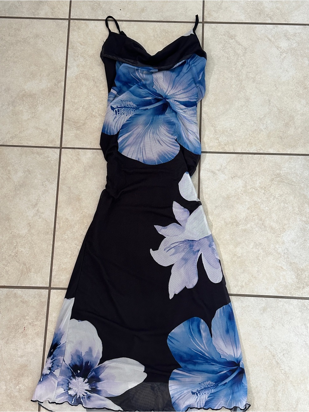 SHEIN Black Maxi Slip Dress with Blue Floral Print